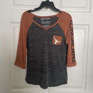 Pressbox Texas Longhorn T Shirt Womens L Orange Gray V-Neck Raglan 3/4 Sleeve